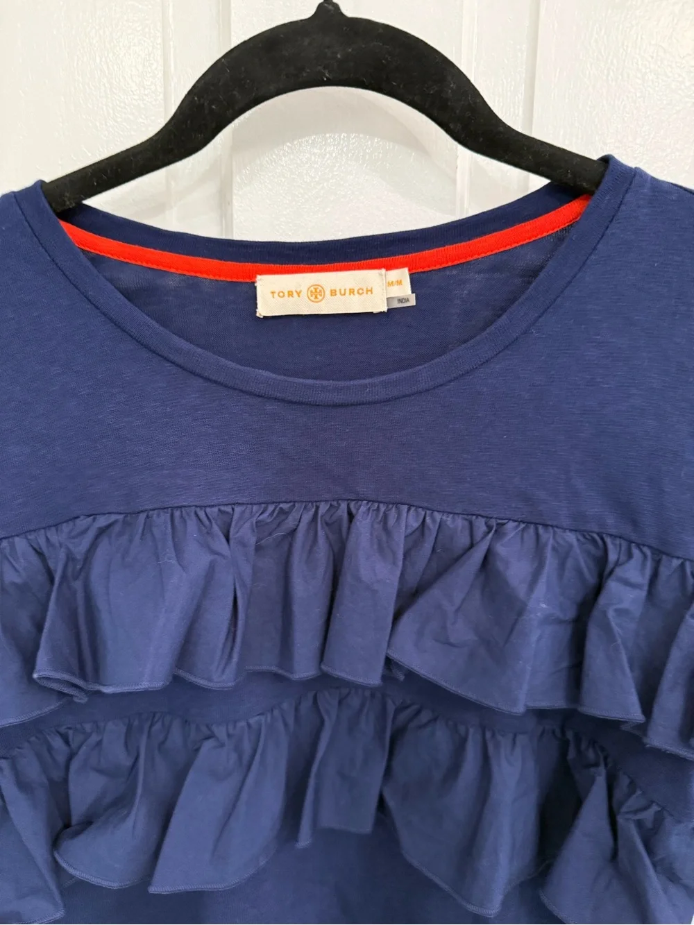 Tory Burch Navy Ruffle Short Sleeve Top
